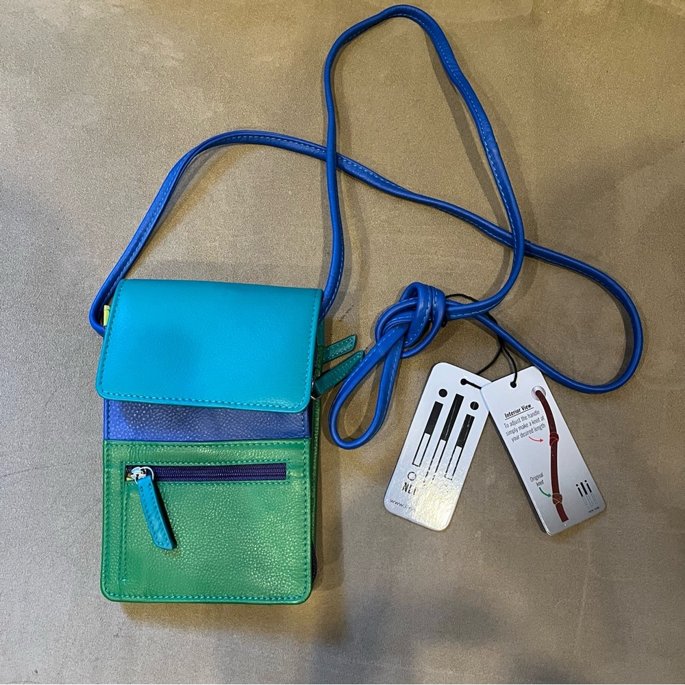ILI New York Blue and Green Crossbody Bag Organizer on a string NWT pockets